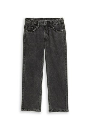 Jeans in denim nero a gamba dritta con tasche frontali, passanti per cintura e chiusura con bottone.