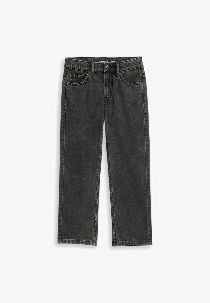 Jean en denim noir à jambes droites avec poches avant, passants pour ceinture et fermeture par bouton.