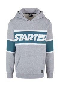 Sudadera gris con bolsillo canguro, que presenta una banda turquesa y un gran logo blanco "STARTER" en el pecho. Material de mezcla de algodón.