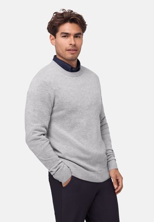 Mand iført lysegrå crew neck sweater over mørk skjorte med krave og sorte bukser, står med den ene hånd i lommen mod en ensfarvet baggrund.