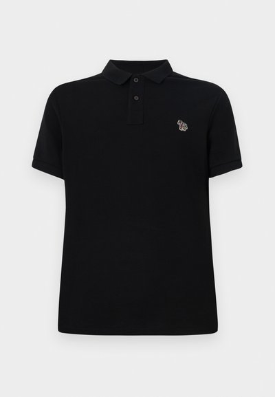 Black polo shirt made of cotton. Features a classic collar, three-button placket, short sleeves, and a small multicolored embroidered logo.