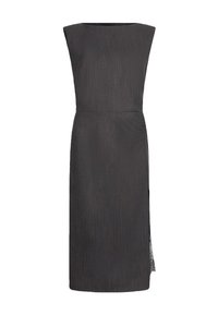 Abito nero senza maniche con taglio dritto, tessuto strutturato, leggero splendore e dettaglio in pizzo sulla spaccatura laterale per un tocco di interesse in più.