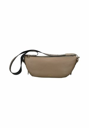 Sac en cuir texturé taupe à bandoulière réglable noir et beige avec fermeture zippée en haut.