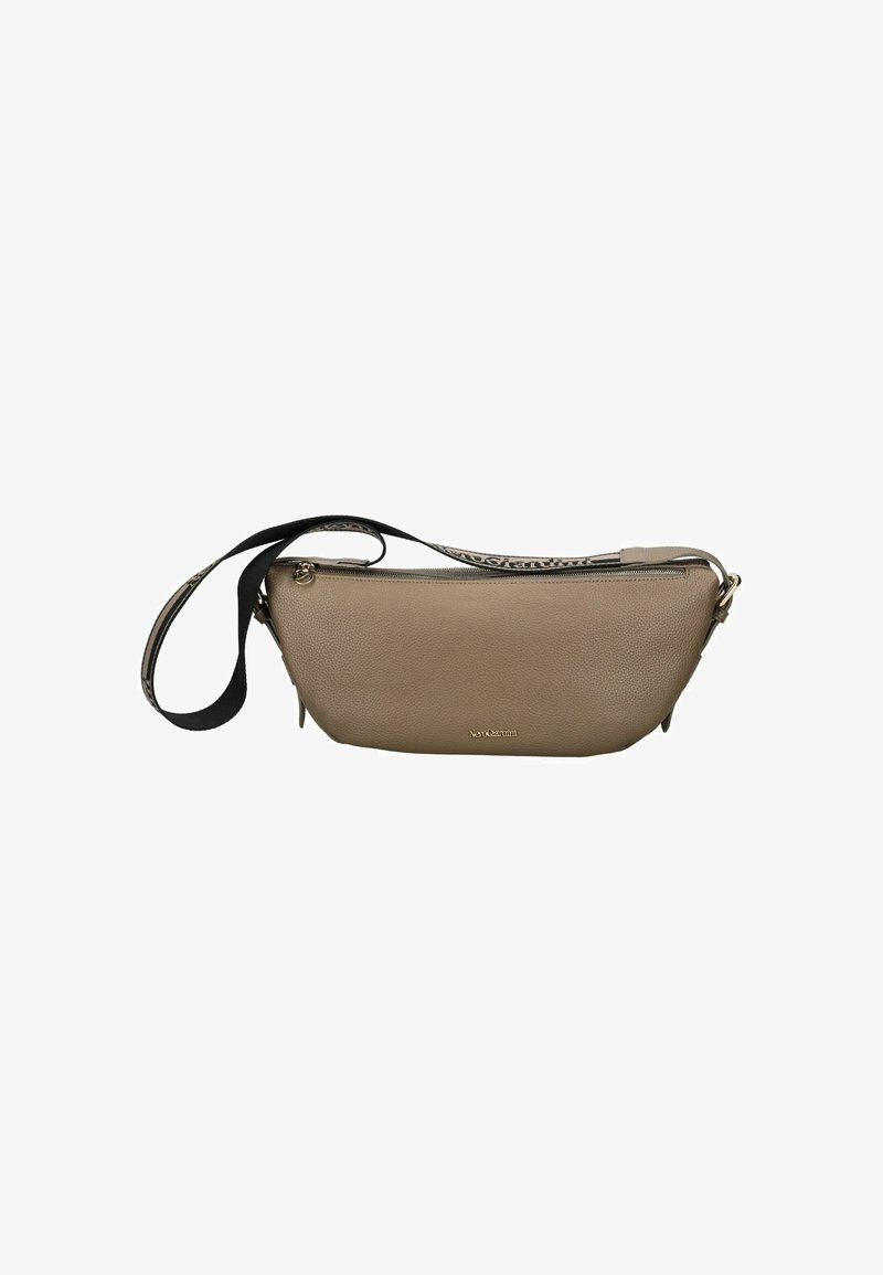 Borsa a tracolla in pelle testurizzata color taupe con tracolla regolabile nera e beige e chiusura superiore con zip.