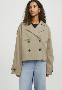 Cappotto beige tagliato con chiusura a doppio petto, ampi revers e maniche larghe. Il tessuto appare liscio con una texture morbida.