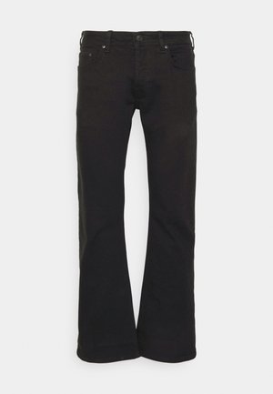 Black flared jeans made of denim, featuring a button closure, five-pocket design, and a smooth texture with a slight sheen.