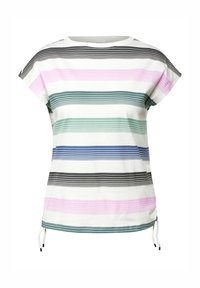 Stribet kortærmet t-shirt med varierende bredder i sort, grøn, blå, pink og hvid. Har snore i siderne til justering.