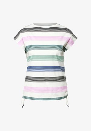 Pruhované tričko s krátkým rukávem v různých šířkách v černé, zelené, modré, růžové a bílé barvě. Má šňůrky po stranách pro nastavování.