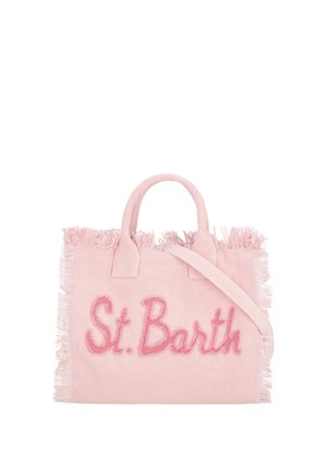 Borsa tote rosa chiaro con bordi sfrangiati e ricamo "St. Barth" in rosa più scuro, con due manici e una tracolla.