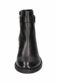 Bottine en cuir noir avec une texture lisse, un bout rond et une fermeture éclair sur le côté. Dotée d'une courroie courte autour de la cheville.