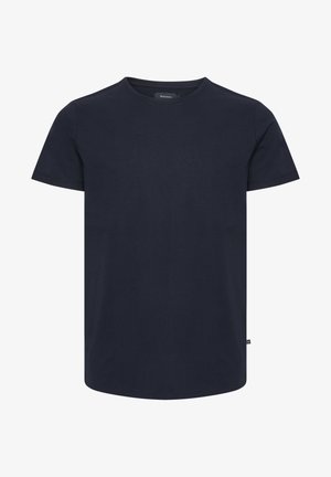 Navy blue cotton t-shirt with a round neckline, short sleeves, and a straight hem. No visible patterns or hardware accents.