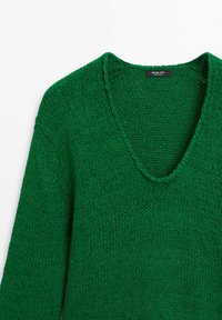 Green knitted sweater with long sleeves and a V-neck collar on a white background.