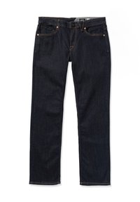Jeans de mezclilla azul oscuro con corte recto, que cuentan con cinco bolsillos, costuras naranjas y un cierre de botón en la cintura.