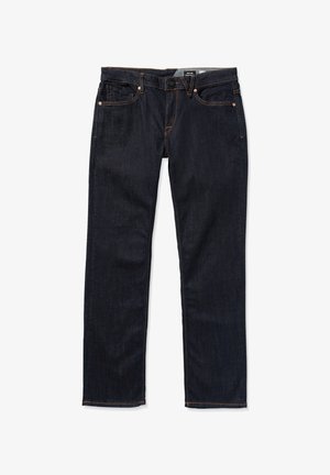 Donkerblauwe denim jeans met een rechte pijp, voorzien van vijf zakken, oranje stiksels en een knoopsluiting bij de taille.