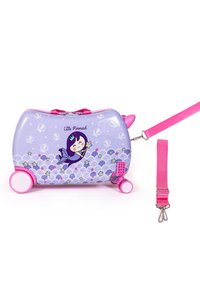 Purple, hard-shell suitcase with wheels and a pink handle. Features a Little Mermaid design, star patterns, and a bow accent on top.