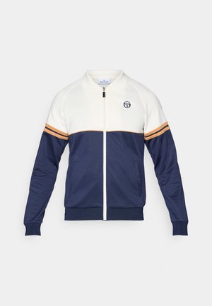 Navy and white zip-up jacket with a polo collar. Features striped accents in orange and navy, textured fabric, and a logo on the chest.