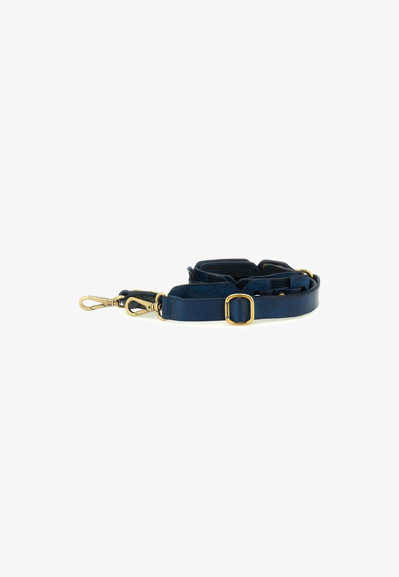 Cinturino in pelle blu navy con accessori in oro, dotato di due clip e di una fibbia regolabile. Superficie liscia con leggero luccichio e sezioni imbottite.