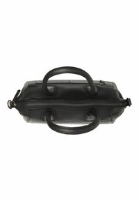 Borsa in pelle nera con due manici superiori, chiusura a zip nella parte superiore e forma rettangolare. Texture liscia e design minimalista.