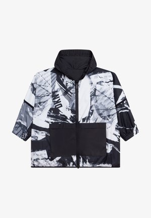 Schwarze und weiße Kapuzenjacke mit Reißverschluss, abstraktem Grafikdruck, Dreiviertelärmeln und zwei großen Fronttaschen.