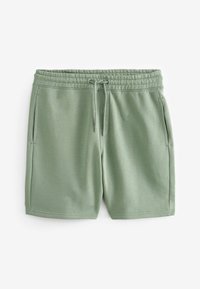Shorts vert clair en tissu doux, avec une taille élastique, un cordon de serrage et des poches latérales. Texture lisse, design décontracté.