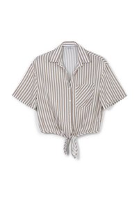 Camicia corta a maniche corte con righe verticali beige e bianche, caratterizzata da una chiusura frontale con bottoni, colletto e un dettaglio in vita legato.