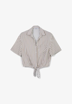 Camicia corta a maniche corte con righe verticali beige e bianche, caratterizzata da una chiusura frontale con bottoni, colletto e un dettaglio in vita legato.