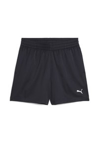 Černé sportovní šortky vyrobené z měkké tkaniny, s elastickým pasem a bílým logem Puma na levé noze. Jednoduchý design a rovný střih.