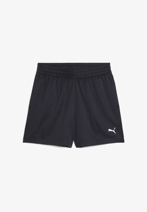 Czarne szorty sportowe z miękkiego materiału, wyposażone w elastyczny pasek w talii oraz białe logo Puma na lewej nogawce. Prosty design i prosty krój.