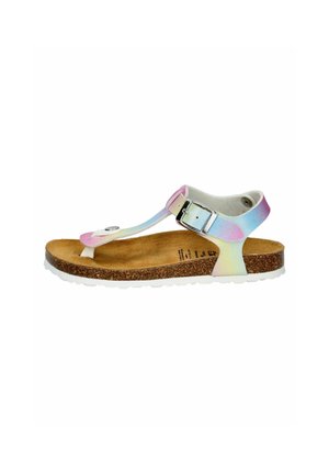 Child's open-toe sandal with cork sole, rainbow pastel straps, silver buckle, and toe post on white background.