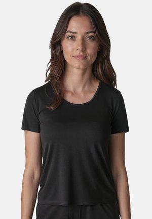 T-shirt noir à manches courtes en tissu lisse, avec un col rond et une coupe décontractée, sans motifs ni graphiques visibles.