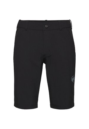 Zwarte shorts met een gladde textuur, voorzien van een knoopsluiting, twee zijzakken en een logo op het linkerpand. Midden boven de dijlengte.
