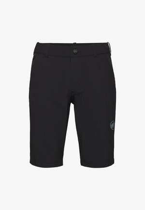 Schwarze Shorts mit glatter Textur, Knopfverschluss, zwei seitlichen Taschen und einem Logo auf dem linken Bein. In der Mitte des Oberschenkels.