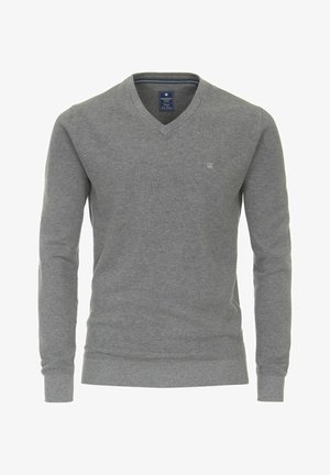 Grau V-Ausschnitt pullover mit langen Ärmeln, strukturiertem Strickmuster, gerippten Bündchen und Saum sowie einem kleinen Logo auf der linken Brust.