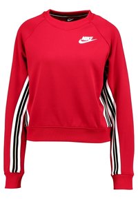 Röd sweatshirt med rund hals, raglanärmar, vitt Nike-logotyp på bröstet och svartvita ränder längs ärmarna.