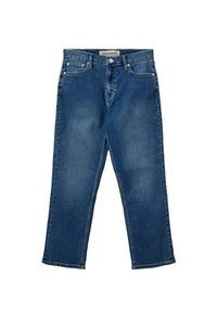 Siniset farkut, joissa on suora lahjeratkaisu, nappikiinnitys, viisi taskua ja hieno haalistuma pinnalla tekstuurin luomiseksi.