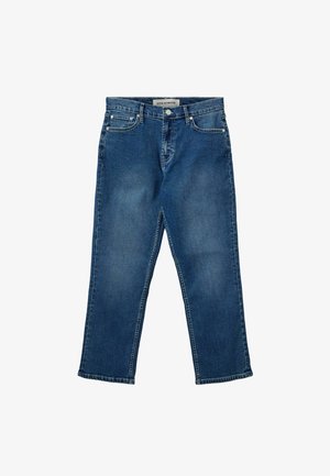 Blauwe denim jeans met een recht gesneden ontwerp, knoopsluiting, vijf zakken en subtiele vervaging op het oppervlak voor textuur.