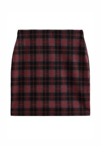 Plaid skirt featuring a black and red check pattern. Made of soft fabric with a fitted design and straight hemline.