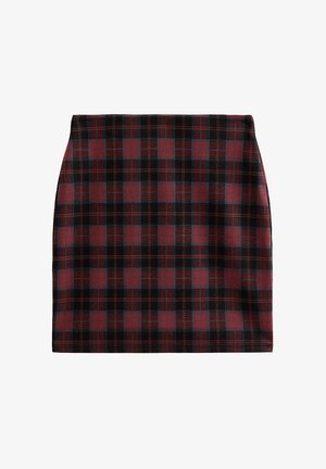 Karierten Rock mit einem schwarz-roten Karomuster. Hergestellt aus weichem Stoff mit figurbetontem Design und geradem Saum.