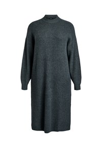 Tumši pelēks adīts kleita ar augstu apkakli, garām piedurknēm un brīvu siluetu. Audumam ir teksturēta virsma un tas krīt zem ceļgaliem.