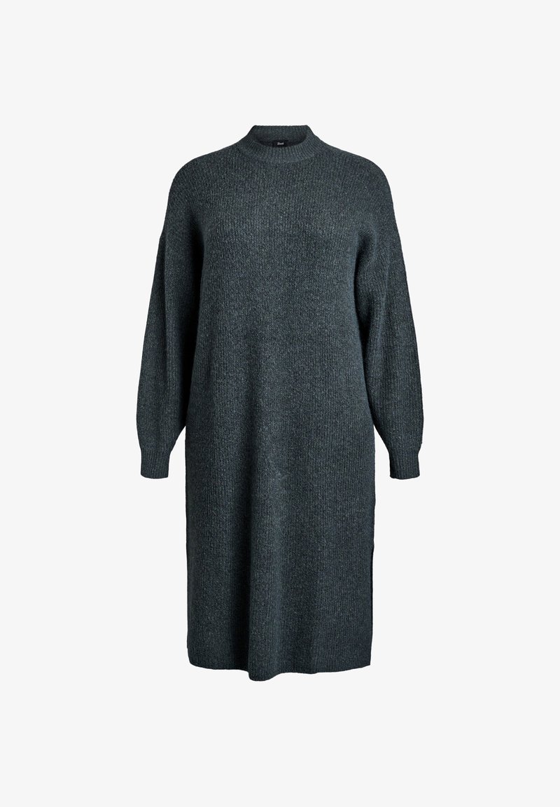 Dunkelgraues Strickkleid mit steilem Kragen, langen Ärmeln und lockerer Silhouette. Der Stoff hat eine strukturierte Oberfläche und endet unter dem Knie.