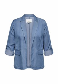 Blazer de mezclilla con mangas de tres cuartos, solapas de pico, dos bolsillos frontales y un color azul claro. Textura suave con un corte ajustado.
