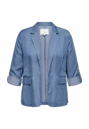 Blazer en denim avec des manches trois-quarts, des revers à cran, deux poches avant et une couleur bleu clair. Texture lisse avec une coupe ajustée.