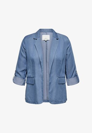 Džinsa žakete ar trīs ceturtdaļu piedurknēm, izgrieztiem klājiem, divām priekšējām kabatām un gaiši zilu krāsu. Gluda tekstūra ar pielāgotu piegriezumu.