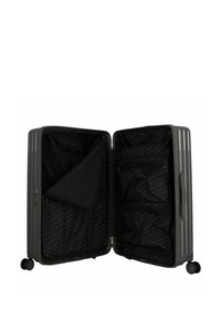 Valise rigide grise, avec un extérieur texturé. L'intérieur est doté d'un revêtement noir, de plusieurs poches zippées et d'un séparateur pour une meilleure organisation.