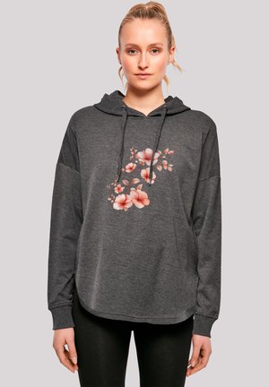 Gray hoodie with a floral print in shades of pink and orange. Features a front kangaroo pocket, drawstring hood, and ribbed cuffs.