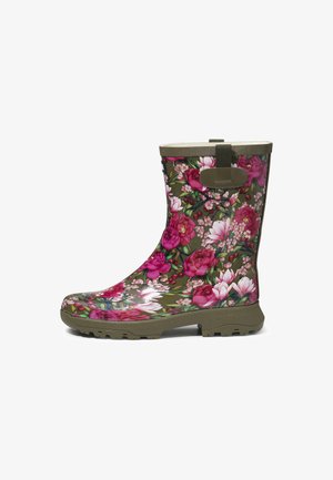 Floral rubber rain boot with a green and pink design. Features raised floral patterns, a textured grip sole, and a pull tab on the back.