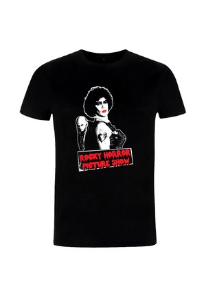 Camiseta de algodón negra con un estampado gráfico de Frank-N-Furter y un personaje en el frente, con las palabras "Rocky Horror Picture Show" en letras rojas.