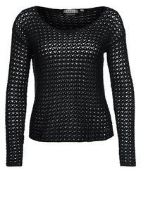 Maglione lungo nero a maniche lunghe realizzato in tessuto a maglia aperta, con ampio scollo a barchetta e un motivo testurizzato. Etichetta logo discreta in fondo.
