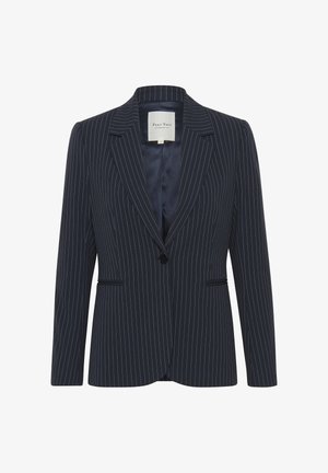 Blazer bleu marine à rayures avec fermeture à un bouton, revers crantés, poches avant et doublure intérieure lisse. Présente une coupe ajustée.