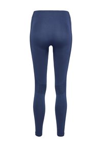 Marinblå sportleggings med en tight passform, som har texturerade paneler och ventilerande stickade sektioner för ökad komfort och rörlighet.